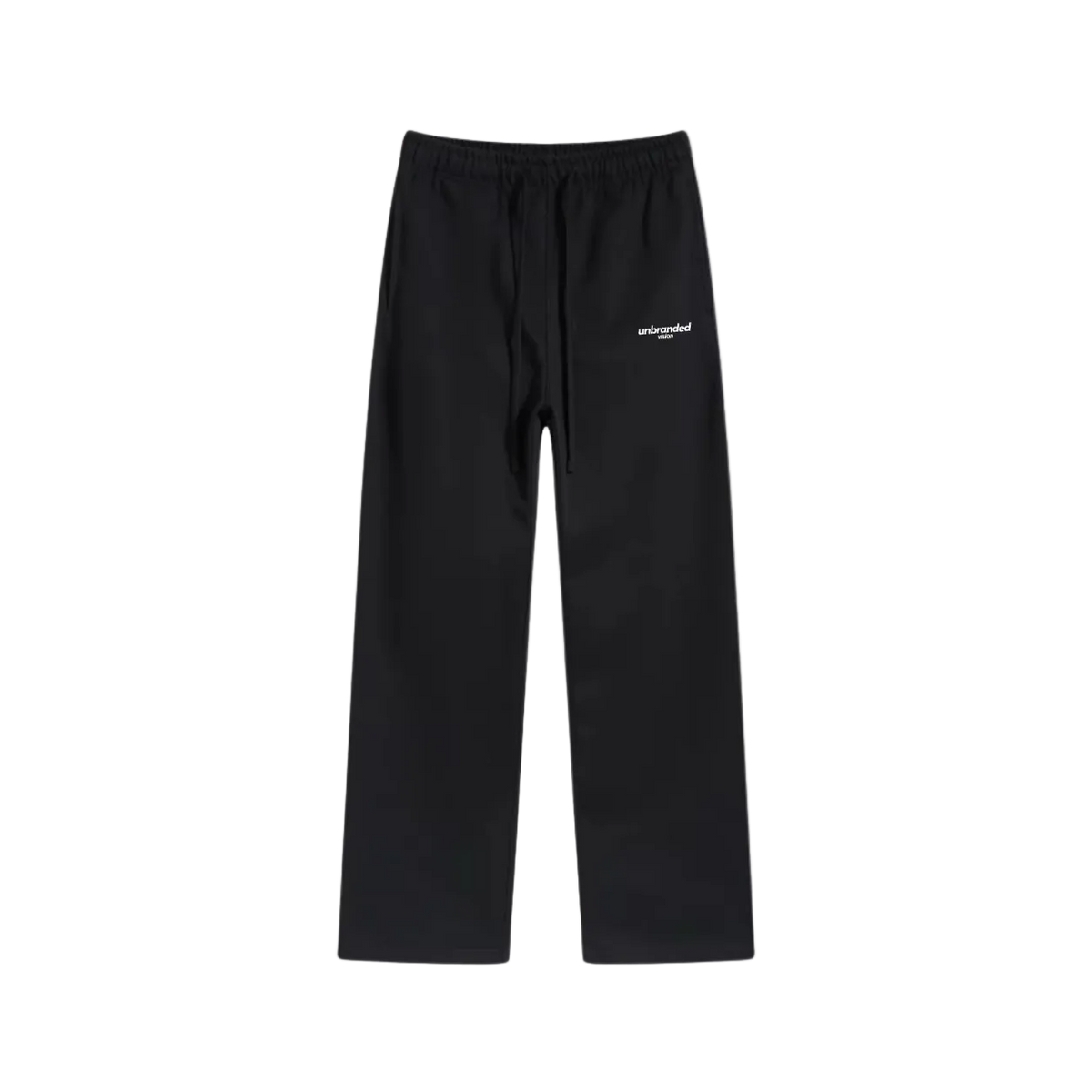 Black wide-leg sweatpants with an elastic waistband and a small white 'uniquely' logo on the left thigh, shown against a plain white background.